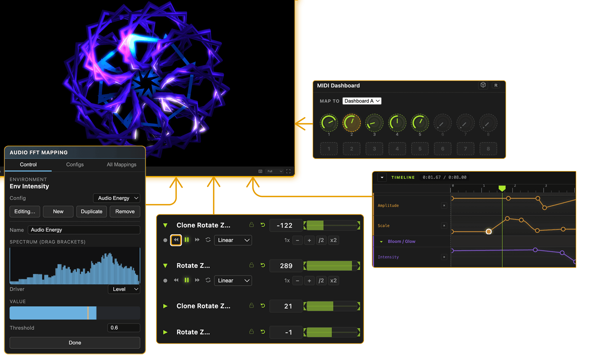 Auragen timeline and modulation view — parameters bound to MIDI, audio and keyframes animating a live render