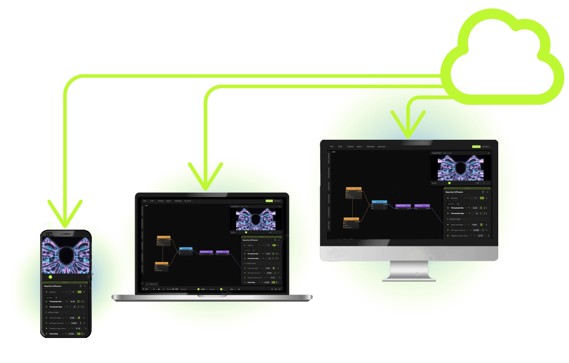 Auragen scene synced across browser and desktop app, with one-click sharing to the community