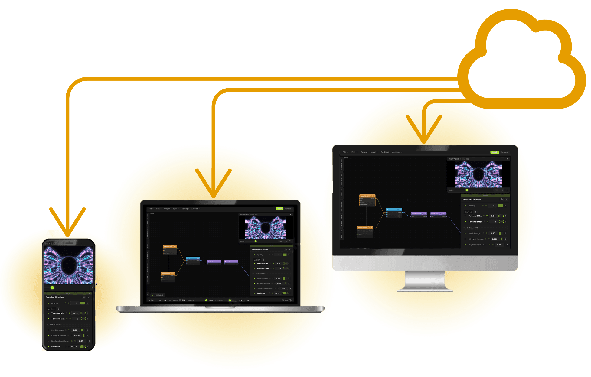 Auragen scene synced across browser and desktop app, with one-click sharing to the community