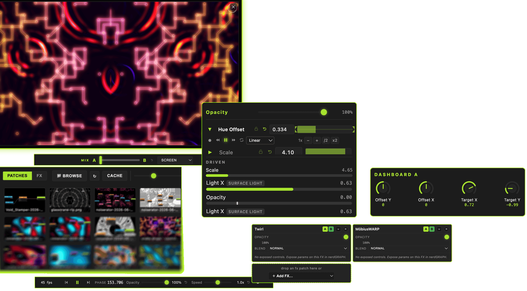 Auragen live frames piped into a VJ rig over NDI and Spout, driven by incoming audio