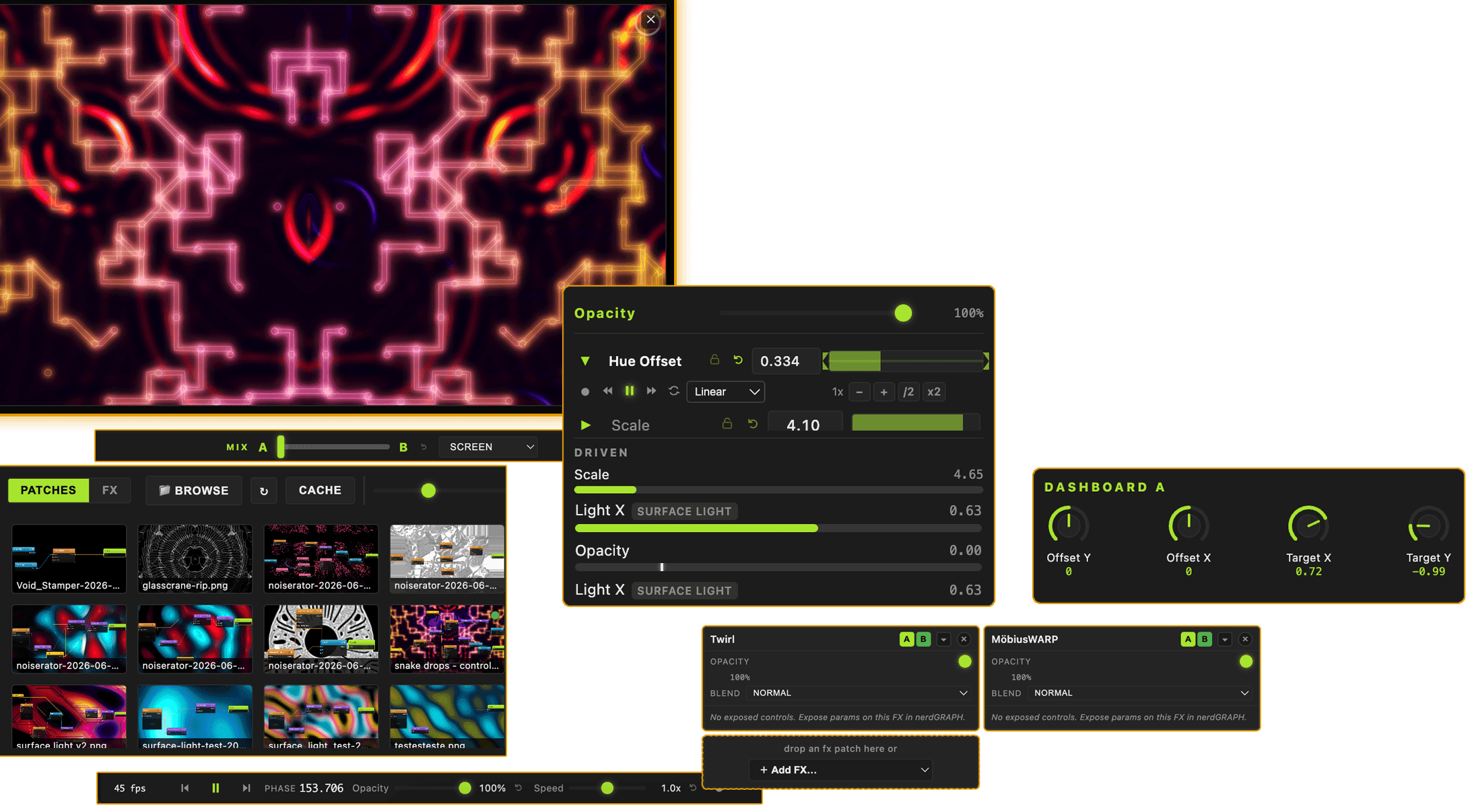 Auragen live frames piped into a VJ rig over NDI and Spout, driven by incoming audio