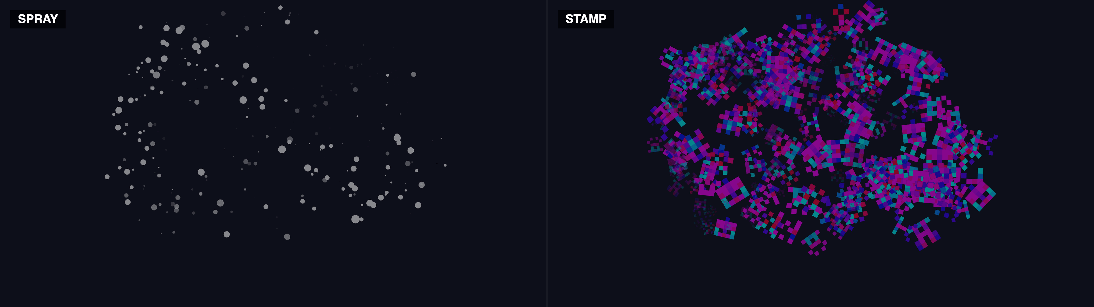 Spray mode paints plain grey discs; Stamp mode paints the wired sprite cells